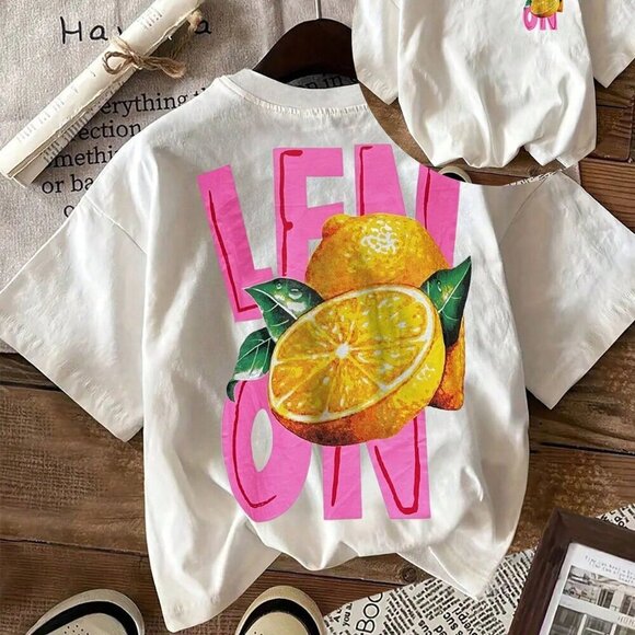 White Casual Women's Lemon Fruit Print Round Neck Short Sleeve T-Shirt - Picture 1 of 5